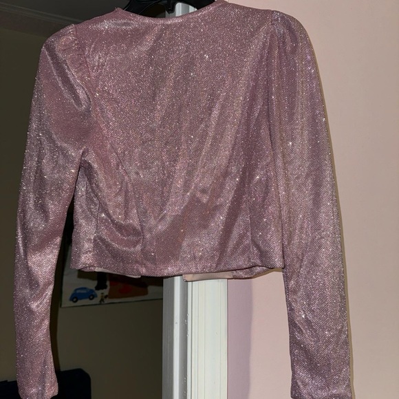 Pink Glitter Long Sleeve Blouse with Front Tie Closure - Picture 2 of 2